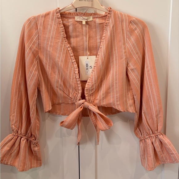 Fanco Tops - Striped Peach Linen Tie-Front cropped  blouse/cardigan